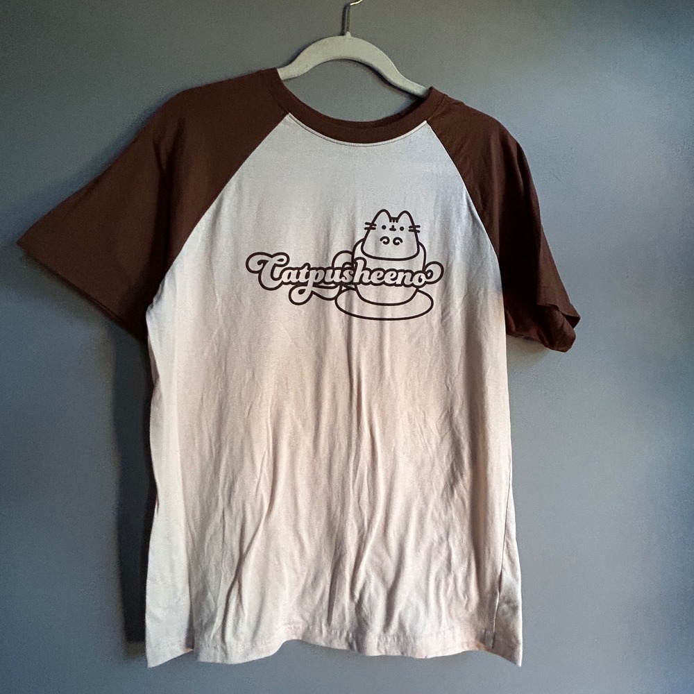 Pusheen Box Catpusheeno Raglan Shirt Brown Cream Coffee Cat Graphic Tee Medium